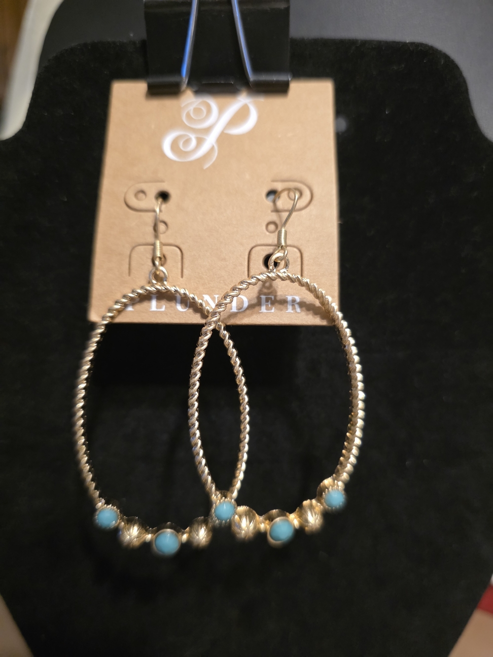 #248 Plunder Gold-Tone Twisted Hoop Earrings with Turquoise Colored Beads